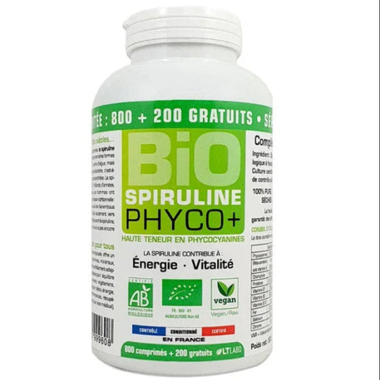 Pot de comprimés Bio Spiruline Phyco+ LTLabo, complément alimentaire naturel, 1000 unités