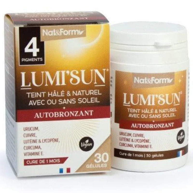 Complément alimentaire autobronzant Lumi'Sun Nat&Form 30 gélules, teint hâlé naturel, Alazina.