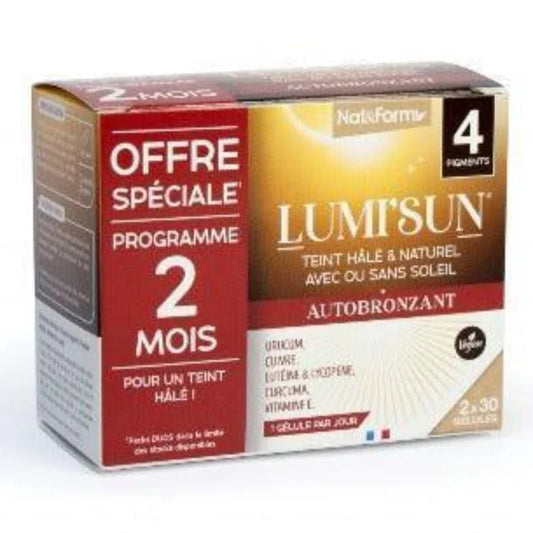 Boîte de compléments alimentaires autobronzants Lumisun Nat&Form, cure 2 mois, Alazina.