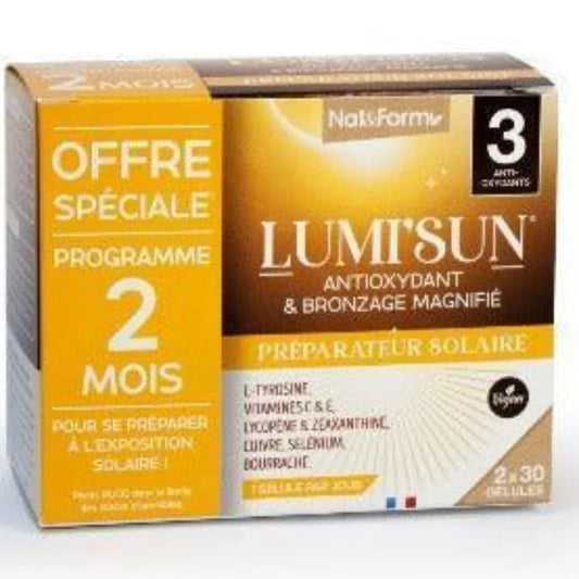 Boîte Lumisun duo cure 2 mois, complément alimentaire solaire antioxydant Alazina.