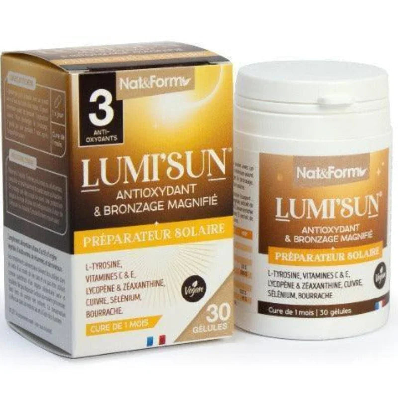 Complément alimentaire Nat&Form Lumi'Sun préparateur solaire antioxydant, boîte et flacon, 30 gélules