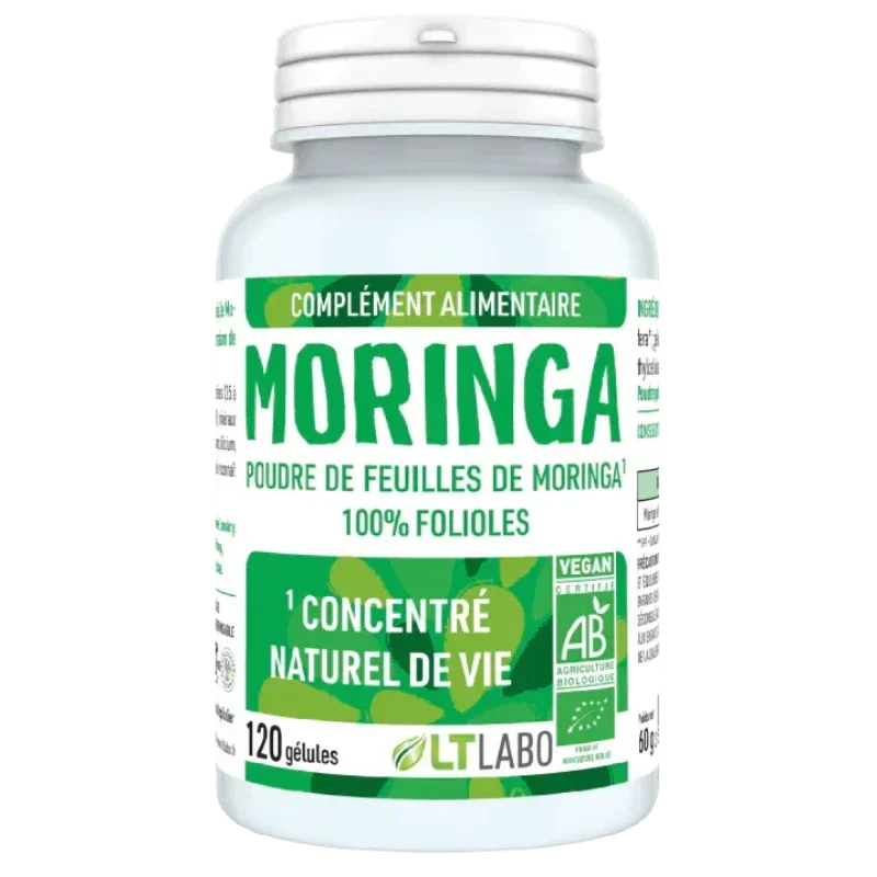 Complément alimentaire Moringa bio LT Labo, 120 gélules, poudre de feuilles naturelles.