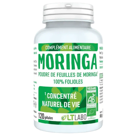 Complément alimentaire Moringa bio LT Labo, 120 gélules, poudre de feuilles naturelles.