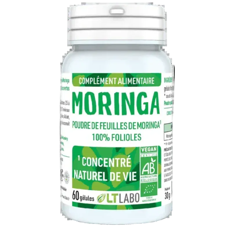 Bouteille de compléments alimentaires Moringa bio LT Labo, 60 gélules, chez Alazina.