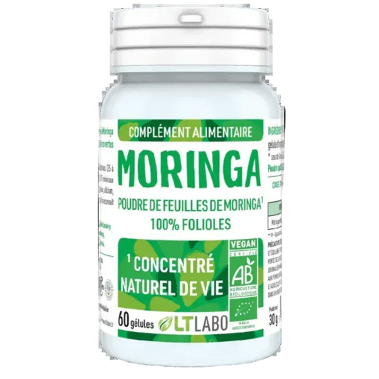 Bouteille de compléments alimentaires Moringa bio LT Labo, 60 gélules, chez Alazina.