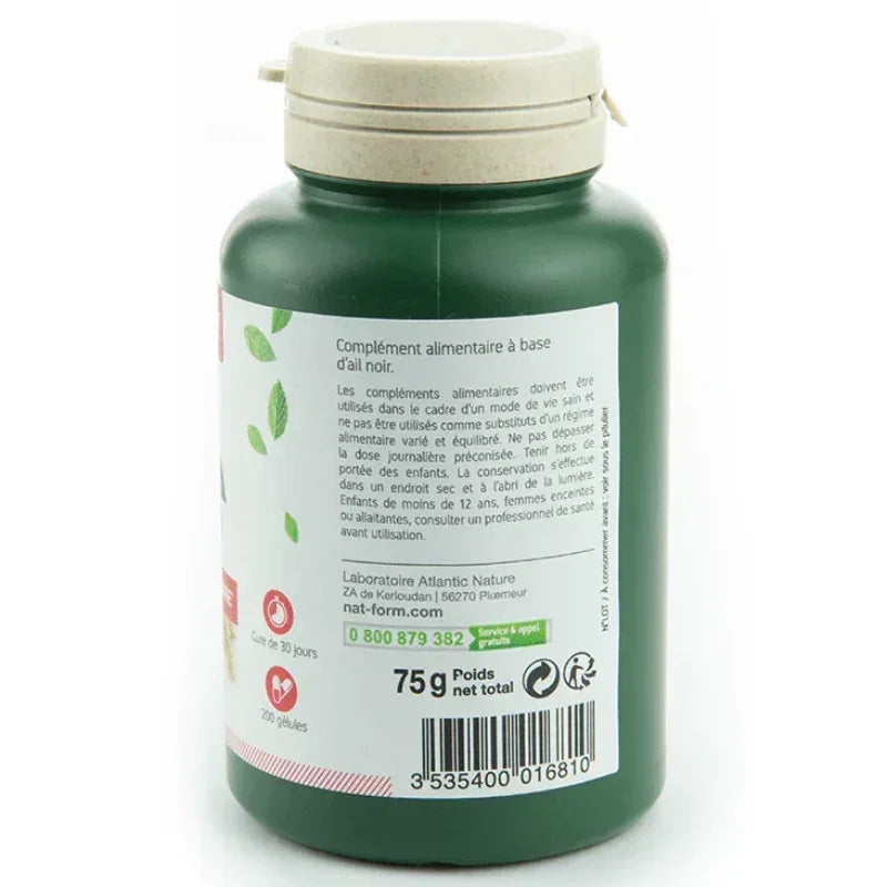 Flacon vert de 200 gélules d’ail noir fermenté Nat&Form, complément alimentaire naturel, Alazina