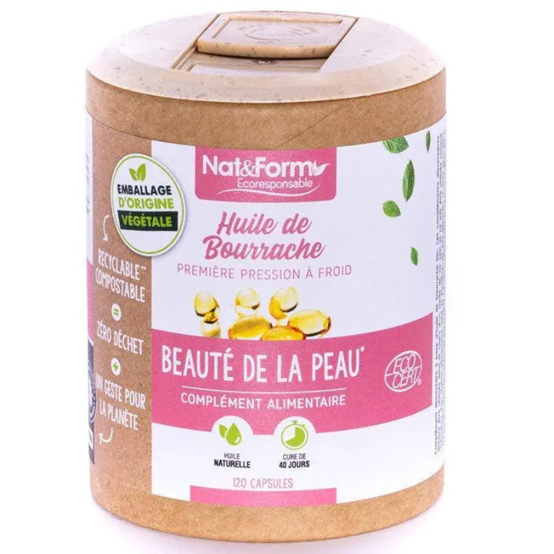 Nat&Form Huile de Bourrache bio, complément alimentaire beauté peau, emballage écoresponsable