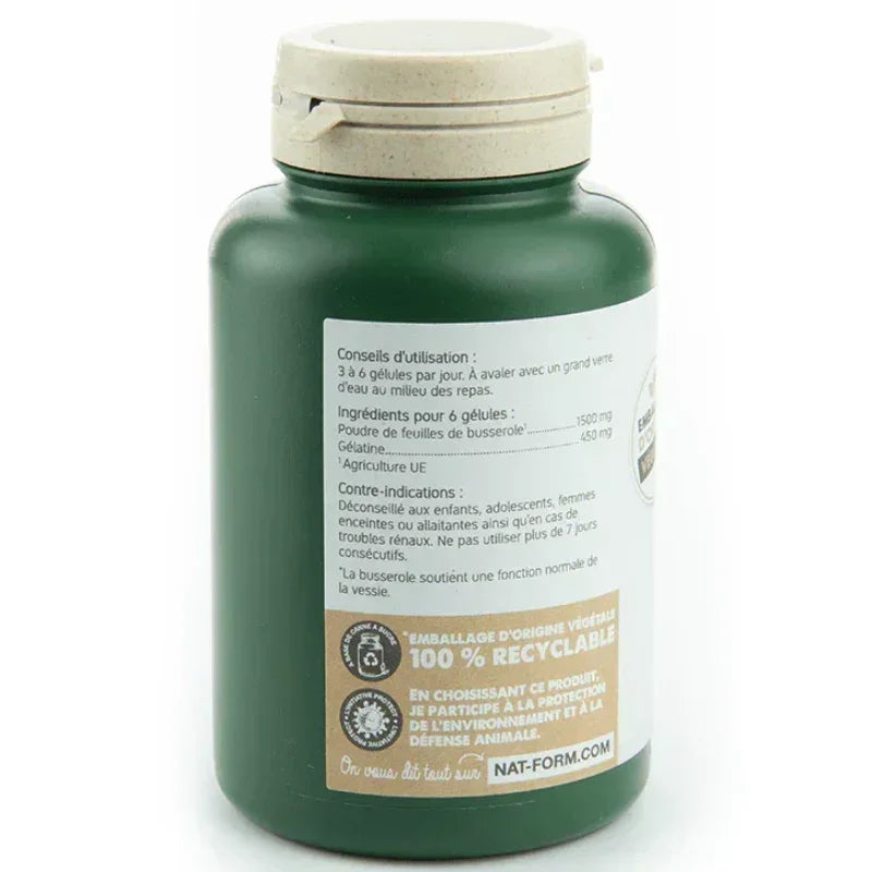 Boîte verte Nat-Form Busserole, compléments alimentaires ALAZINA, information étiquette visible