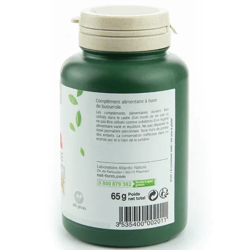 Flacon vert Nat&Form de compléments alimentaires à la busserole, 65g, vendu sur Alazina.