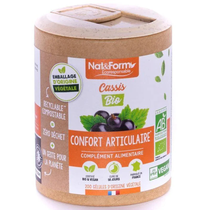 Boîte Nat&Form Cassis Bio, complément alimentaire articulation, 200 gélules végétales, Alazina