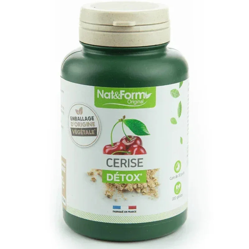 Complément alimentaire Nat&Form Cerise Détox 200 gélules, flacon vert, disponible sur Alazina.