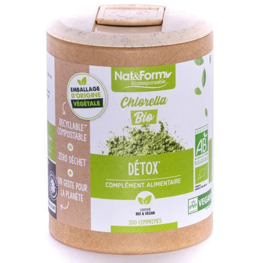 Pilulier Nat&Form Chlorella Bio complément alimentaire détox vegan, emballage végétal Alazina