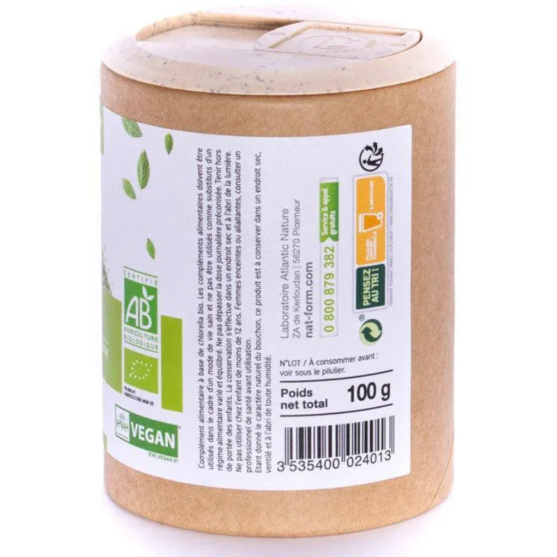 Boîte en carton de chlorelle bio Nat&Form, 100g, compléments alimentaires vegan, Alazina
