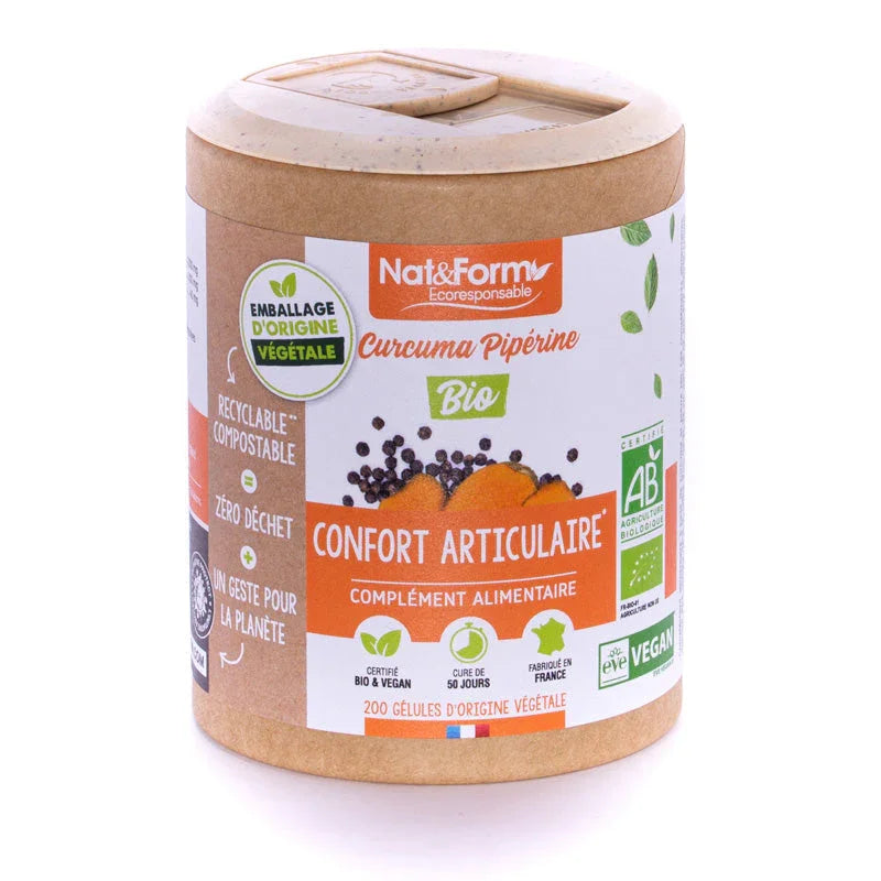 Boîte Nat&Form Curcuma Pipérine Bio, 200 gélules, complément alimentaire vegan Alazina.