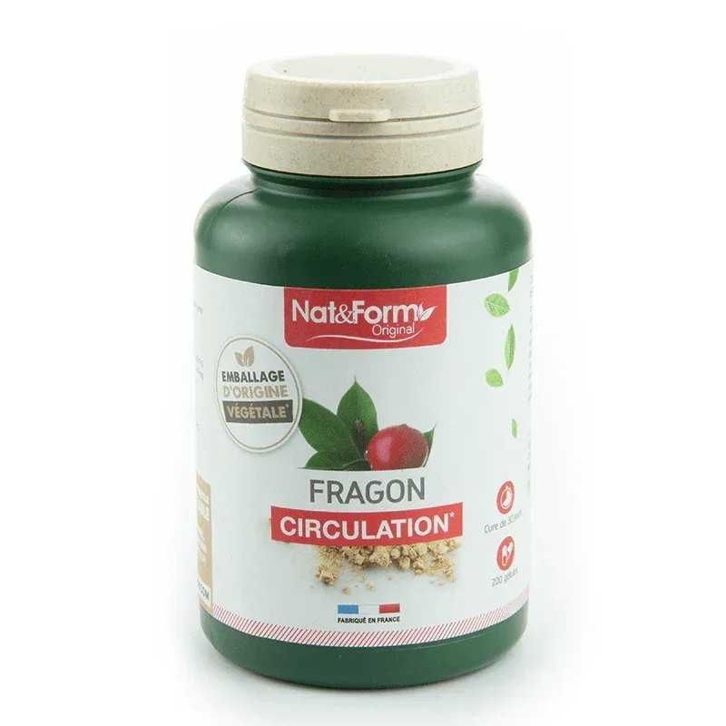 Complément alimentaire Nat&Form Fragon Circulation, flacon vert, disponible sur Alazina