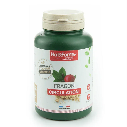 Complément alimentaire Nat&Form Fragon Circulation, flacon vert, disponible sur Alazina