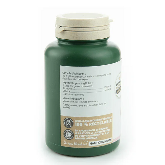 Flacon vert de compléments alimentaires Nat&Form Fragon, étiquette conseils et ingrédients visible.