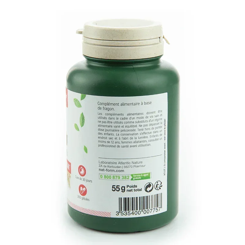 Flacon vert de complément alimentaire à base de fragon Nat&Form, 200 gélules, Alazina
