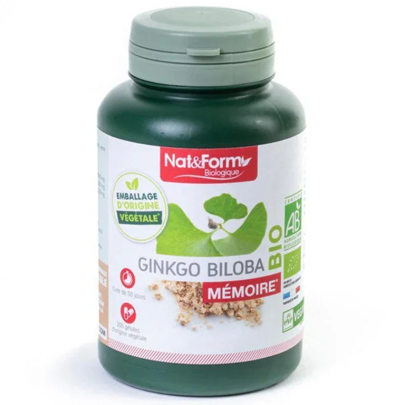 Complément alimentaire Nat&Form Ginkgo Biloba bio pour mémoire, 200 gélules, vendu sur Alazina