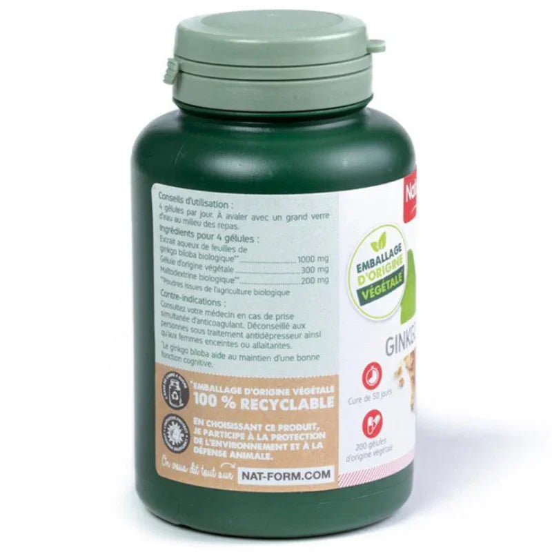 Complément alimentaire Nat-Form Ginkgo Biloba 200 gélules, emballage recyclable, Alazina