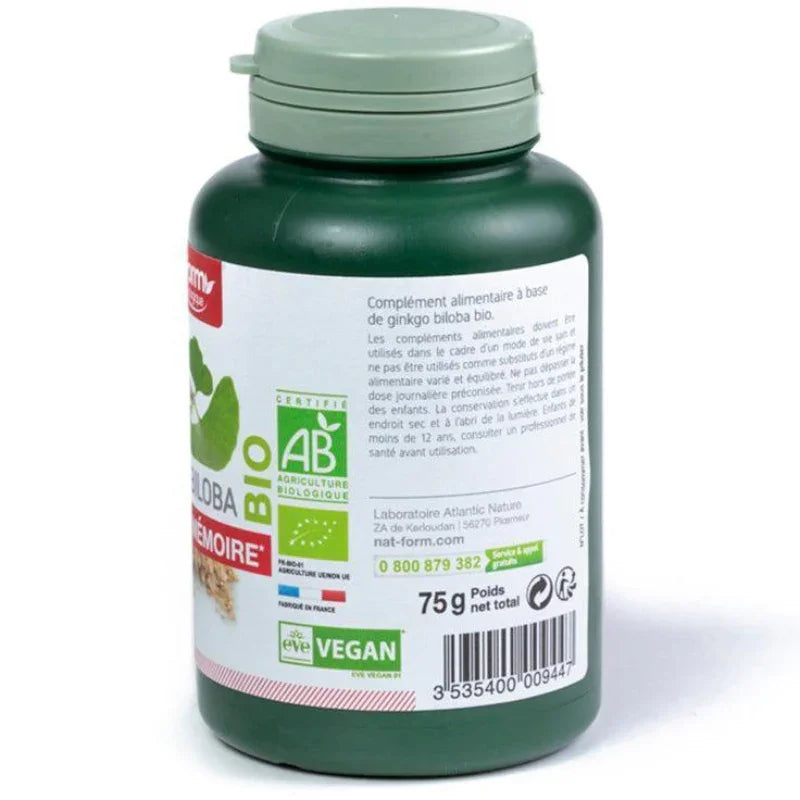 Complément alimentaire bio Ginkgo Biloba Nat&Form, flacon vert, végan, vente Alazina