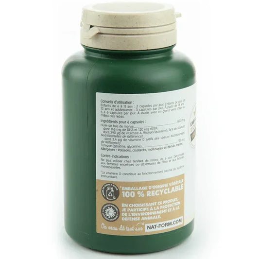 Flacon vert Nat-Form huile de foie de morue, étiquette ingrédients, complément alimentaire naturel Alazina