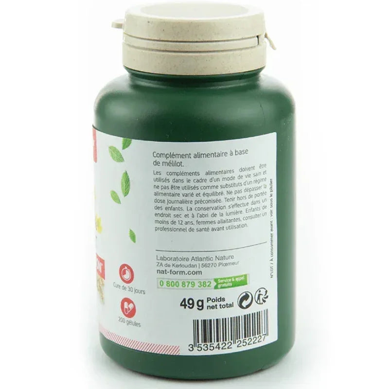 Flacon vert de complément alimentaire Nat&Form méliot 200 gélules, alimentation naturelle Alazina