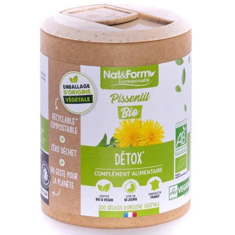 Complément alimentaire Nat&Form Pissenlit Bio détox, pot recyclable, 200 gélules, ALAZINA