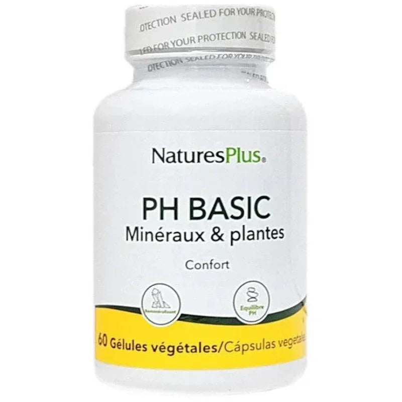 Flacon Natures Plus PH Basic, compléments alimentaires minéraux et plantes, 60 gélules végétales.