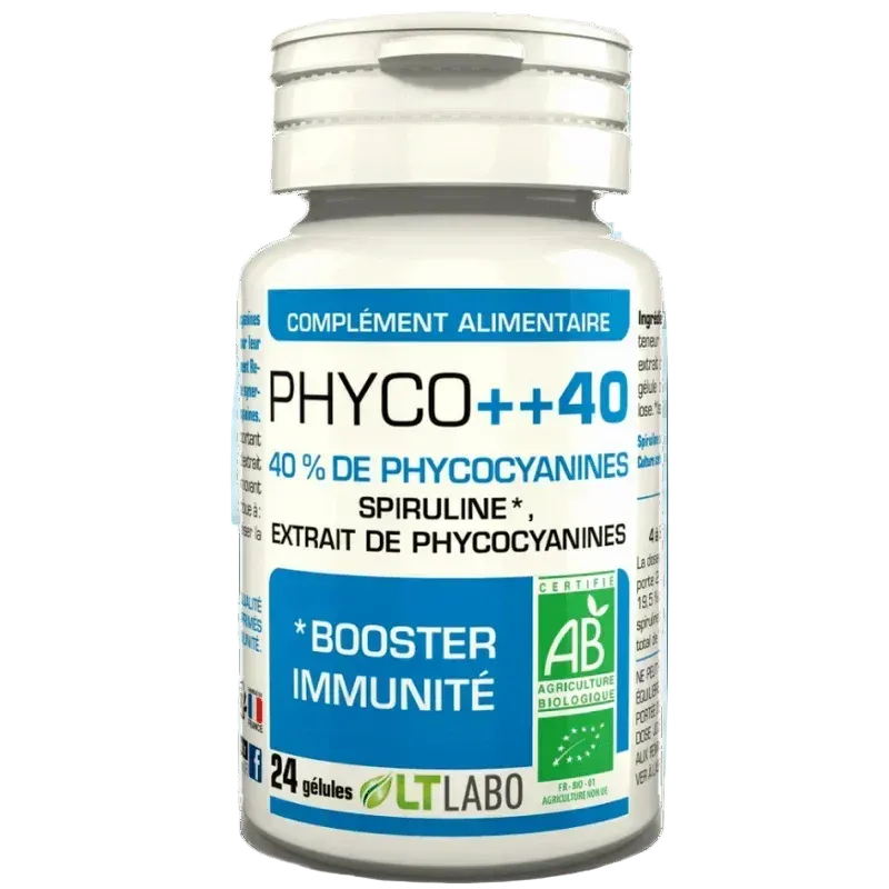 Bouteille de complément alimentaire Phyco++40 spiruline booster immunité Alazina