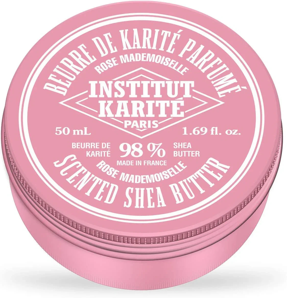 Boîte rose de beurre de karité parfumé Institut Karité Rose Mademoiselle 50 ml, cosmétique naturel.