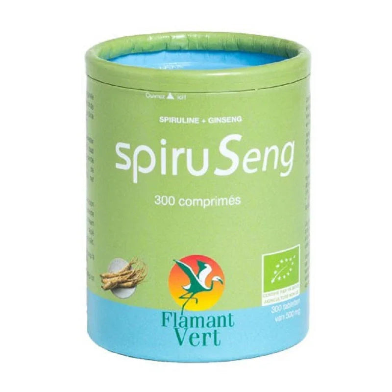 Boîte Spiruline Ginseng SpiruSeng Flamant Vert 300 comprimés, complément alimentaire bio chez Alazina