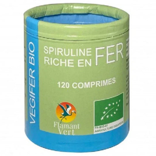 Boîte de 120 comprimés Spiruline Bio Flamant Vert riche en fer, complément alimentaire naturel.