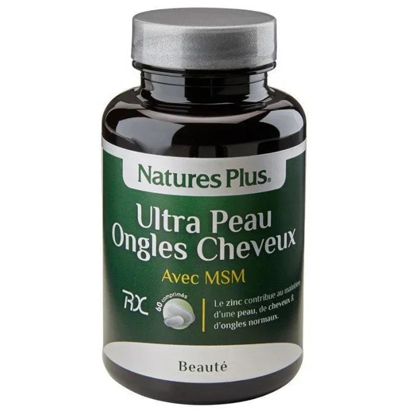 Complément alimentaire Natures Plus Ultra Peau Ongles Cheveux MSM flacon, cosmétique Alazina